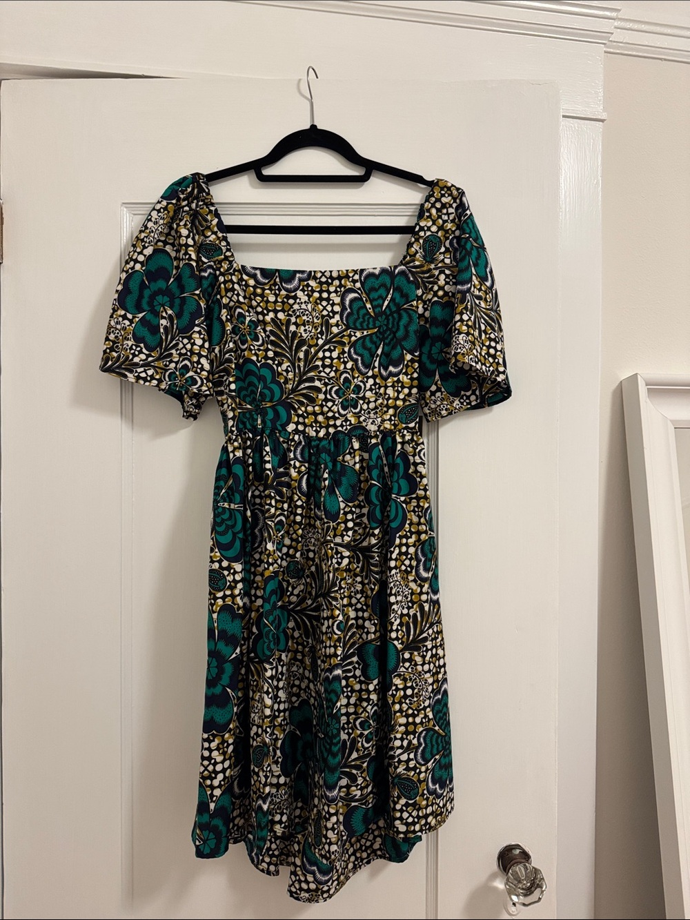 Teal Floral Square-Neck Women's Dress